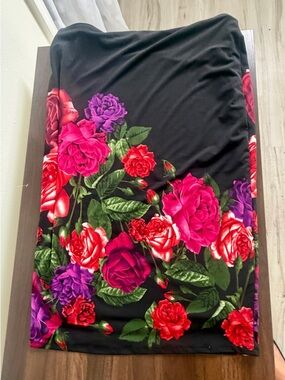 Philosophy Black Pencil Skirt with Red, Pink and Purple Floral Print